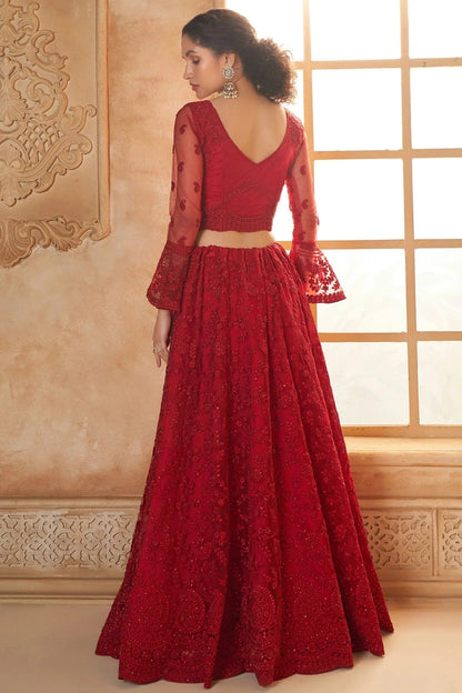 Red Embroidery Net and SilK Lehenga Choli LC1290149 A