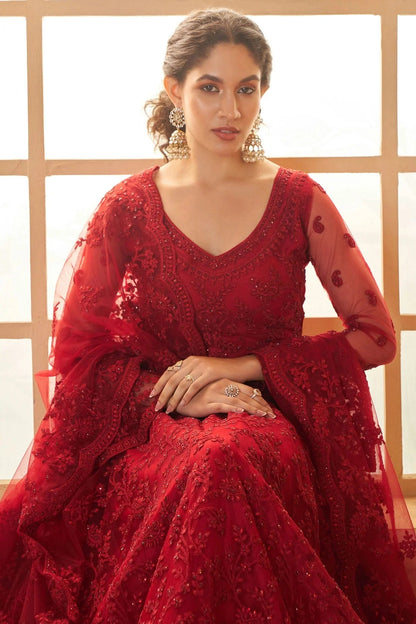 Red Embroidery Net and SilK Lehenga Choli LC1290149 B