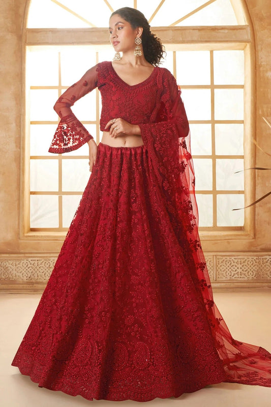 Red Embroidery Net and SilK Lehenga Choli LC1290149