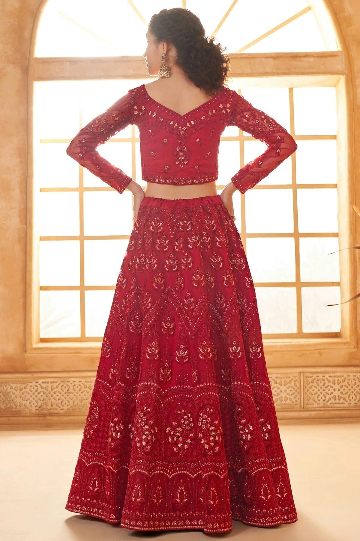Red Embroidery Net and SilK Lehenga Choli LC1290154 A
