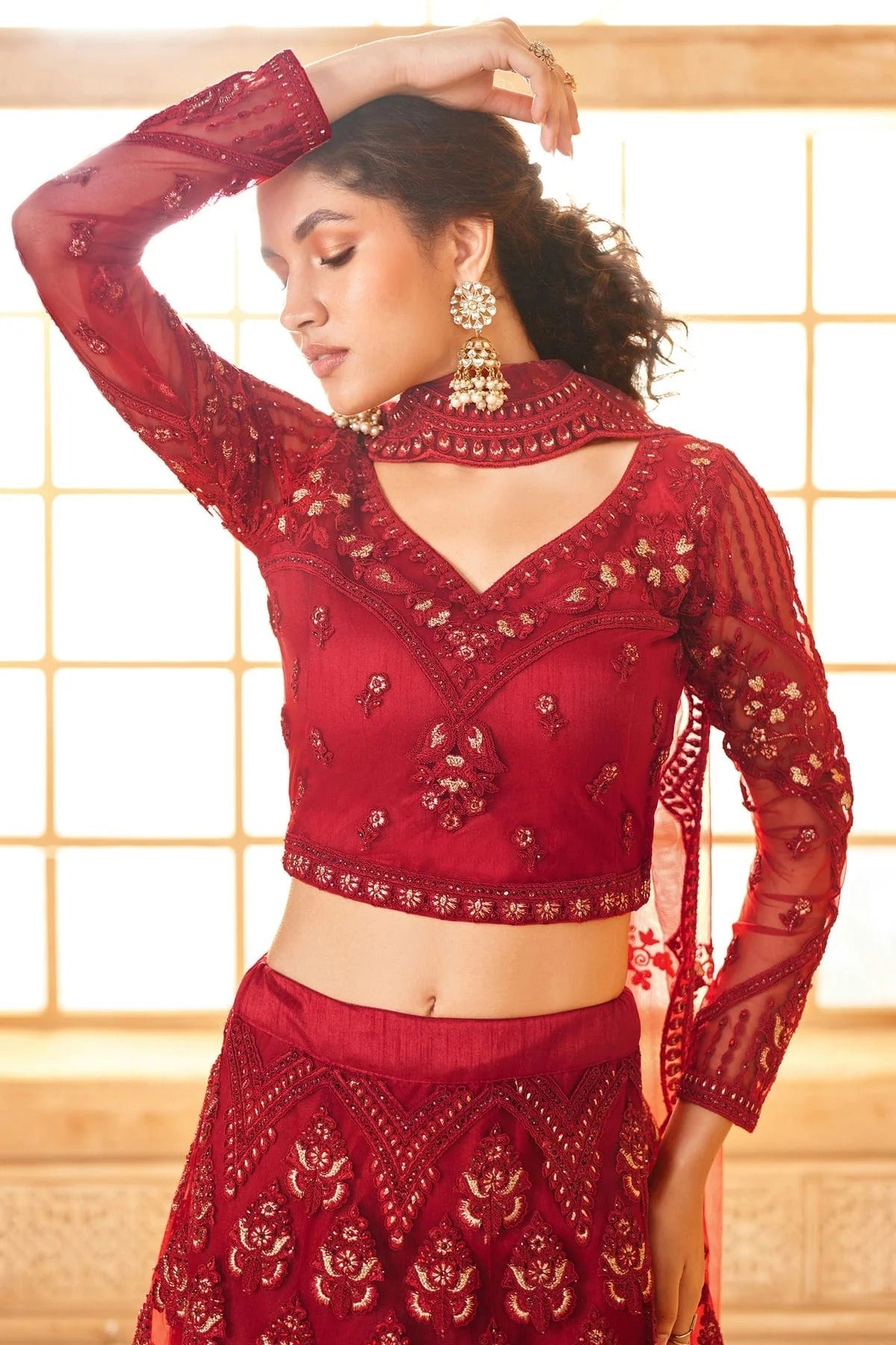Red Embroidery Net and SilK Lehenga Choli LC1290154 B