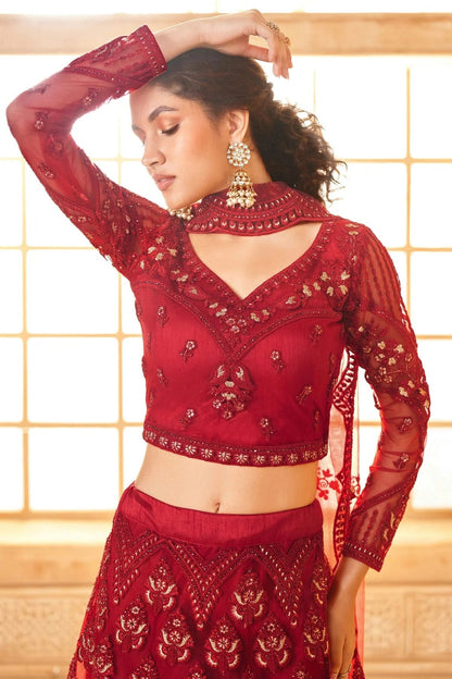 Red Embroidery Net and SilK Lehenga Choli LC1290154 B