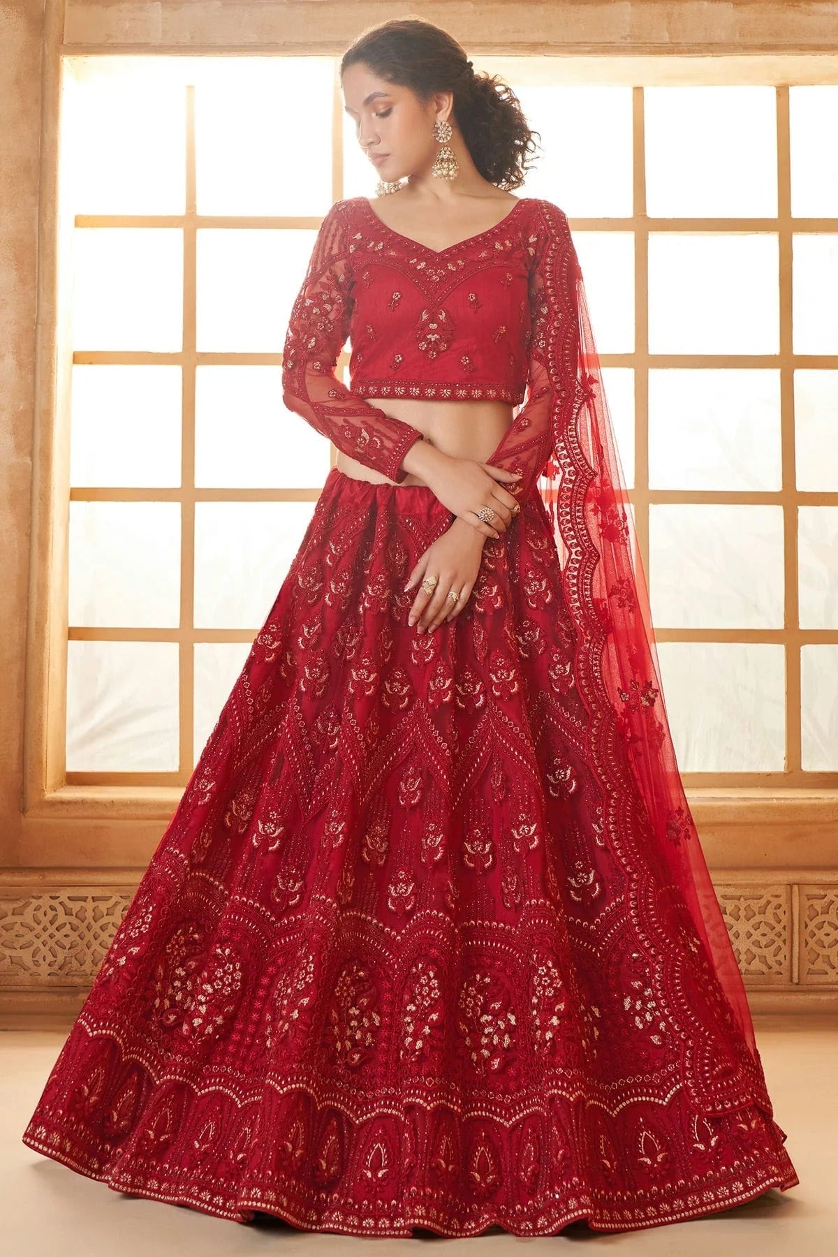 Red Embroidery Net and SilK Lehenga Choli LC1290154