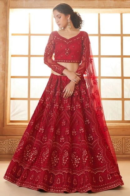Red Embroidery Net and SilK Lehenga Choli LC1290154