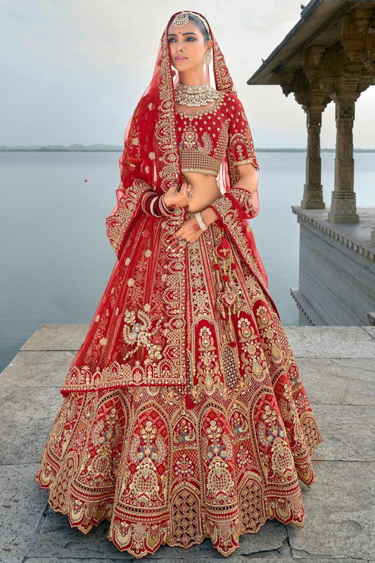 Red Embroidery Silk Lehenga Choli LC1290124
