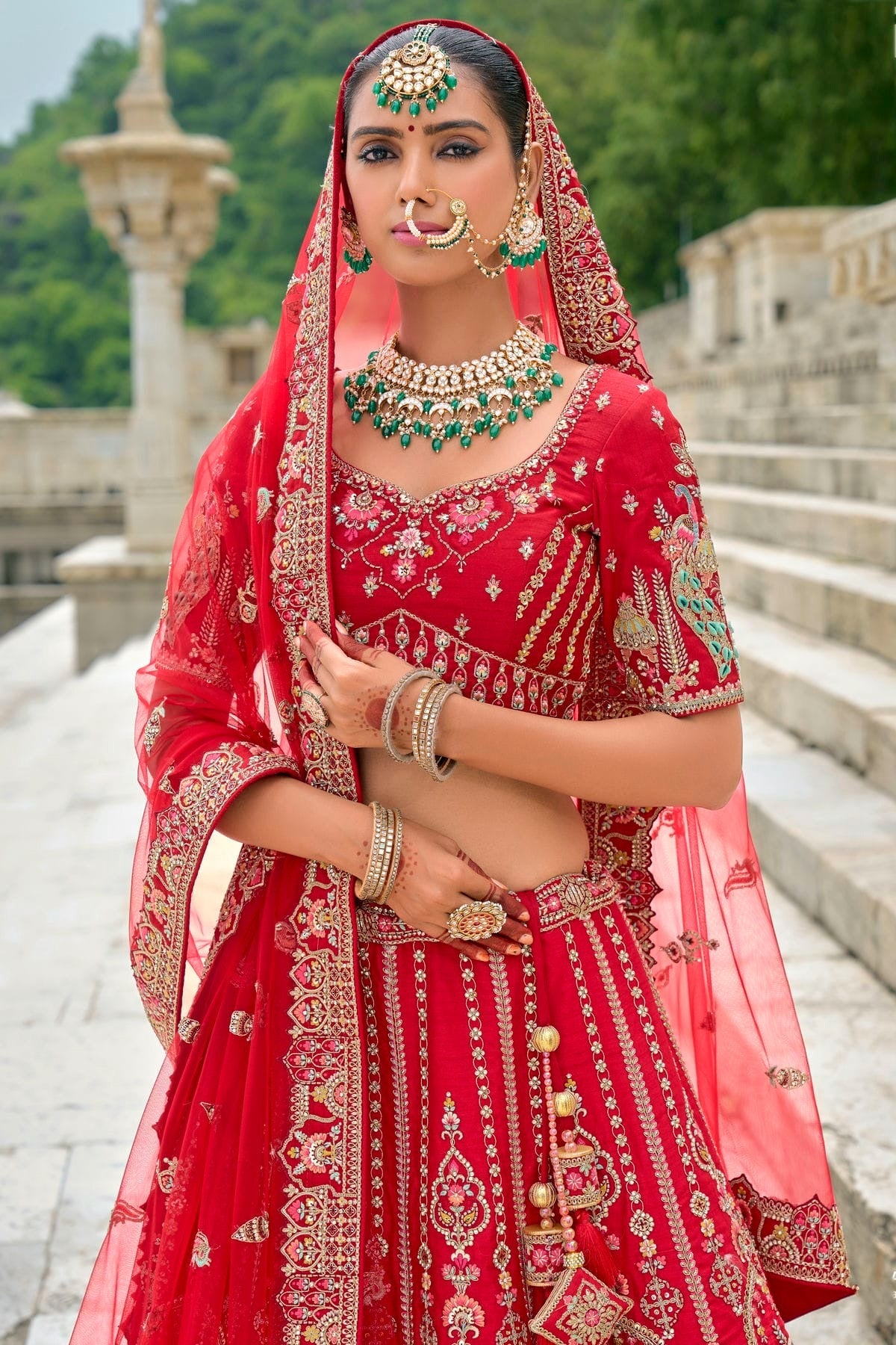 Red Embroidery Silk Lehenga Choli LC1290131 B