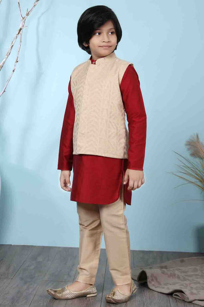 Red and Beige Colour Cotton Silk Kurta Pajama With Jacket BW1070103 A
