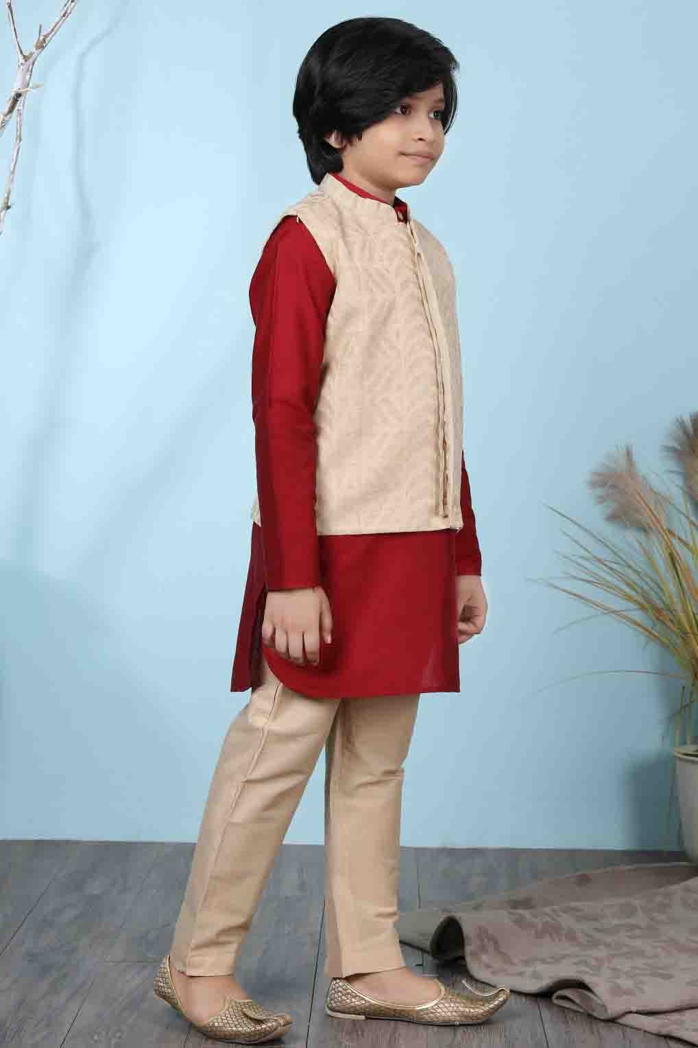 Red and Beige Colour Cotton Silk Kurta Pajama With Jacket BW1070103 B