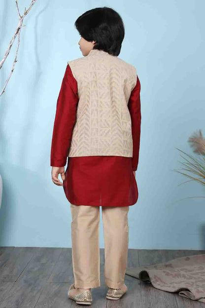 Red and Beige Colour Cotton Silk Kurta Pajama With Jacket BW1070103 C