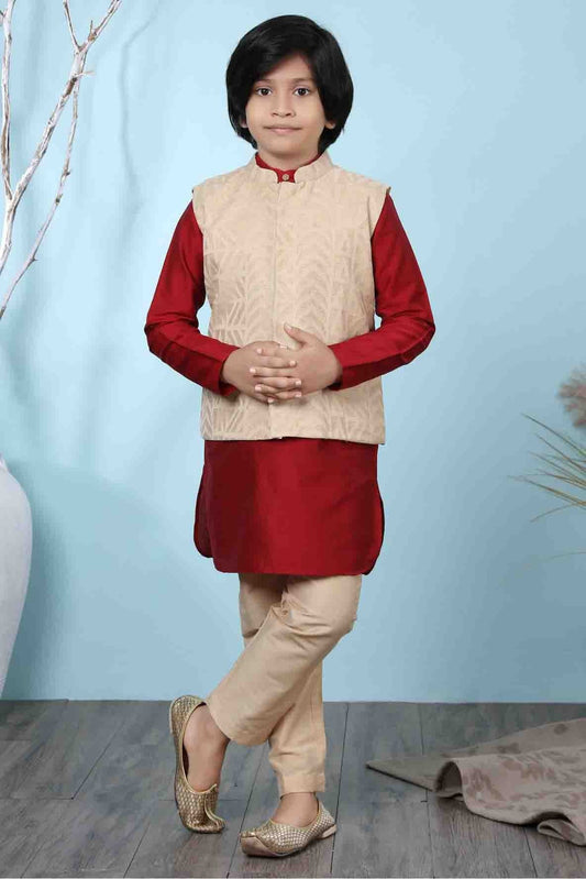 Red and Beige Colour Cotton Silk Kurta Pajama With Jacket BW1070103