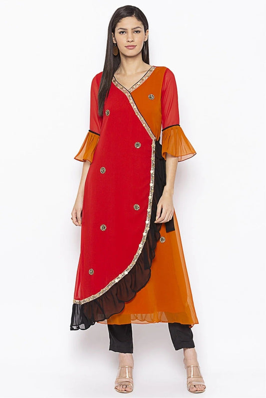 Red and Mustard Colour Plus Size Georgette Embroidery Kurti KR1070642