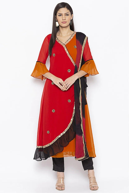 Red and Mustard Colour Plus Size Georgette Embroidery Pant Style Suit BW1070312