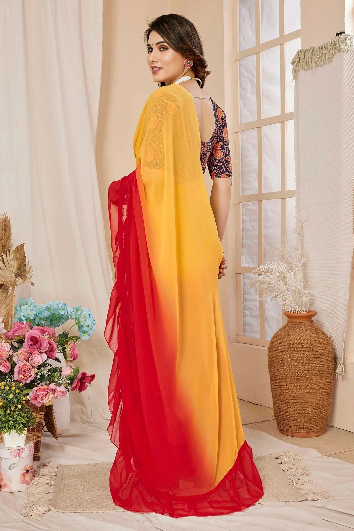Red and Orange Colour Georgette Ruffle Saree SD1180101 A