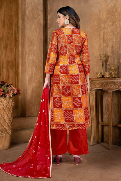 Red and Orange Colour Unstitched Cotton Plazzo Pant Suit US1160852 A
