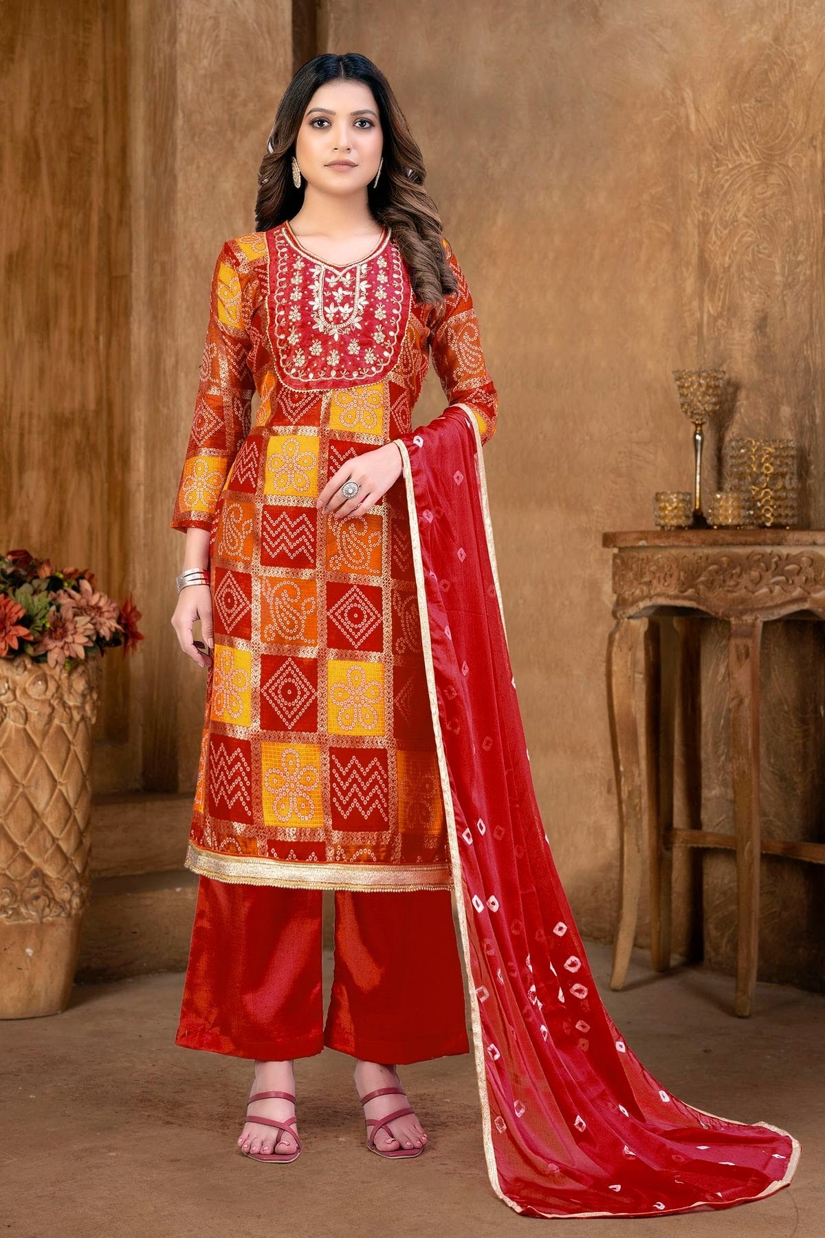Red and Orange Colour Unstitched Cotton Plazzo Pant Suit US1160852