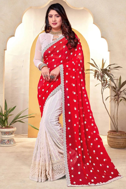 Red and White Colour Georgette Half N Half Saree SD1091058