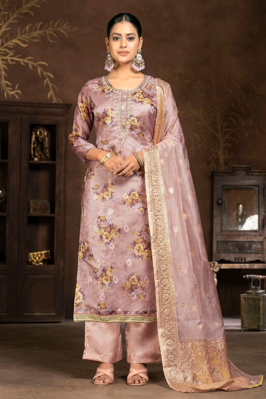 Rose Gold Colour Unstitched Organza Pant Style Suit US1161255