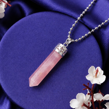 Natural Rose Quartz Pencil Pendant – Pink Crystal Point Necklace for Love & Healing