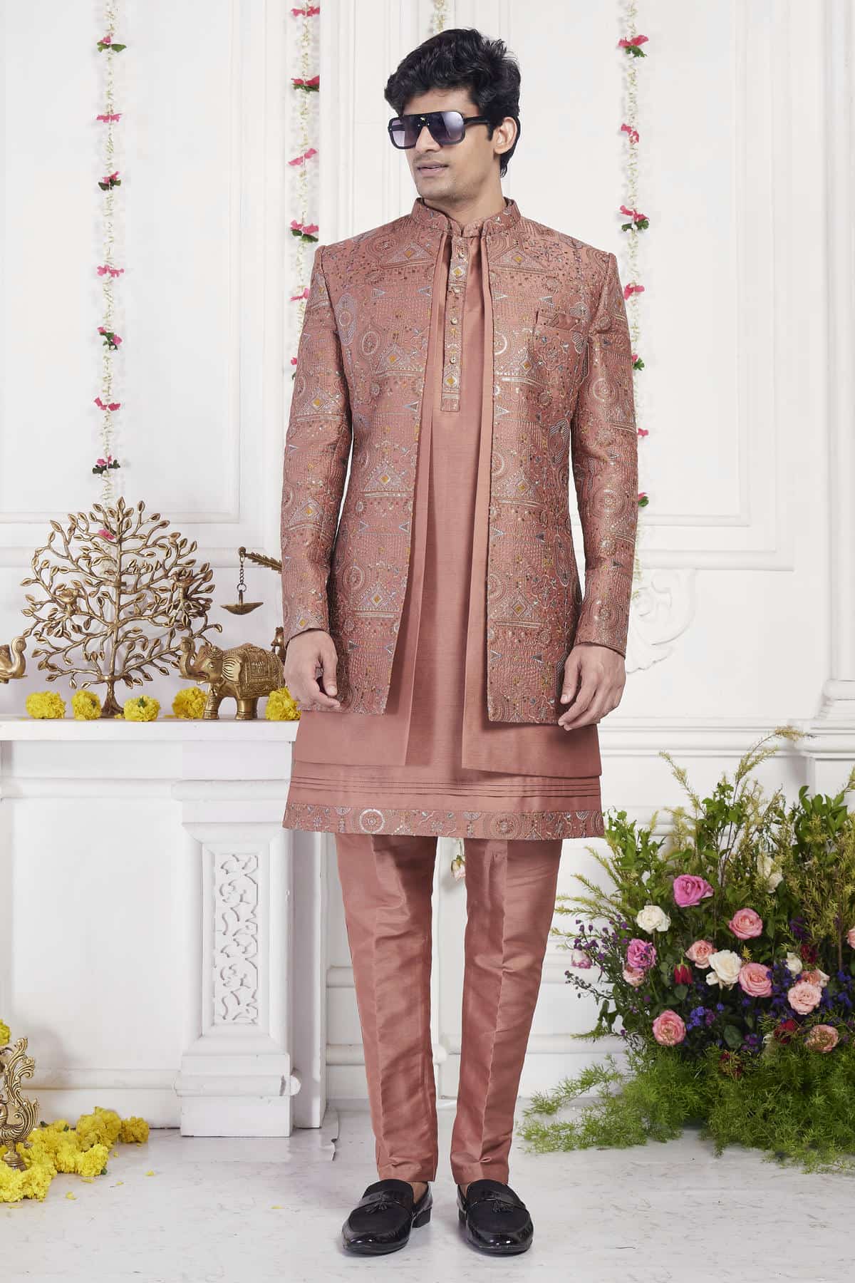 Rust Art Silk Embroidery Work 3 Pcs Jacket Set