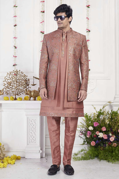 Rust Art Silk Embroidery Work 3 Pcs Jacket Set