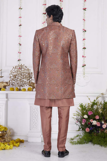Rust Art Silk Embroidery Work 3 Pcs Jacket Set
