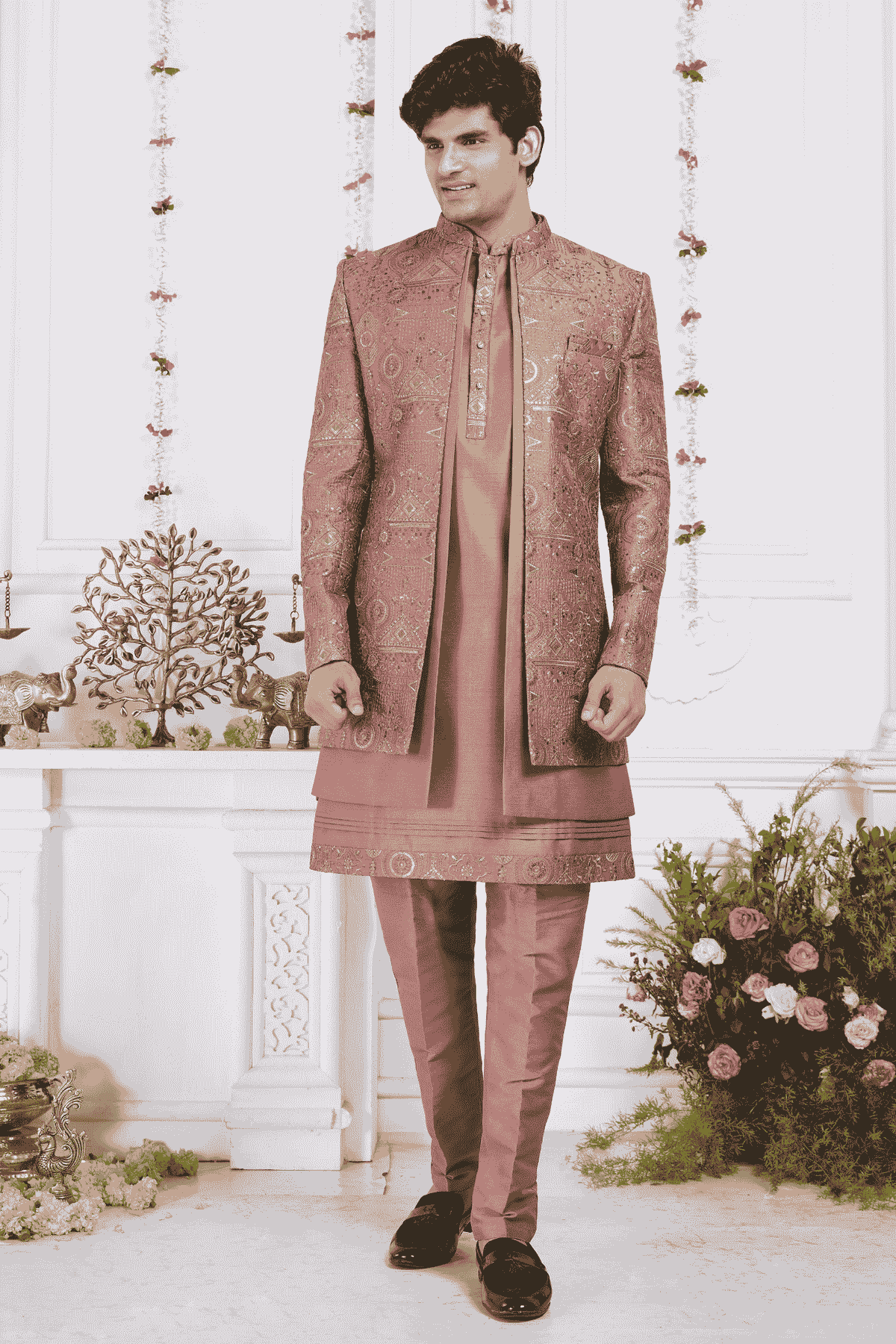 Rust Art Silk Embroidery Work 3 Pcs Jacket Set