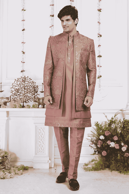 Rust Art Silk Embroidery Work 3 Pcs Jacket Set