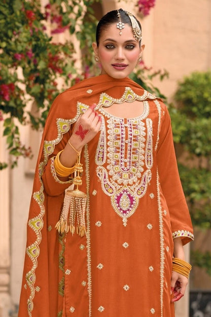 Rust Colour Chinon Embroidery Work Palazzo Pant Suit