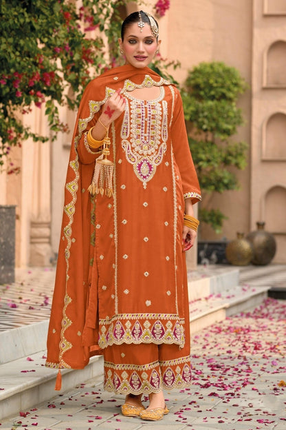 Rust Colour Chinon Embroidery Work Palazzo Pant Suit