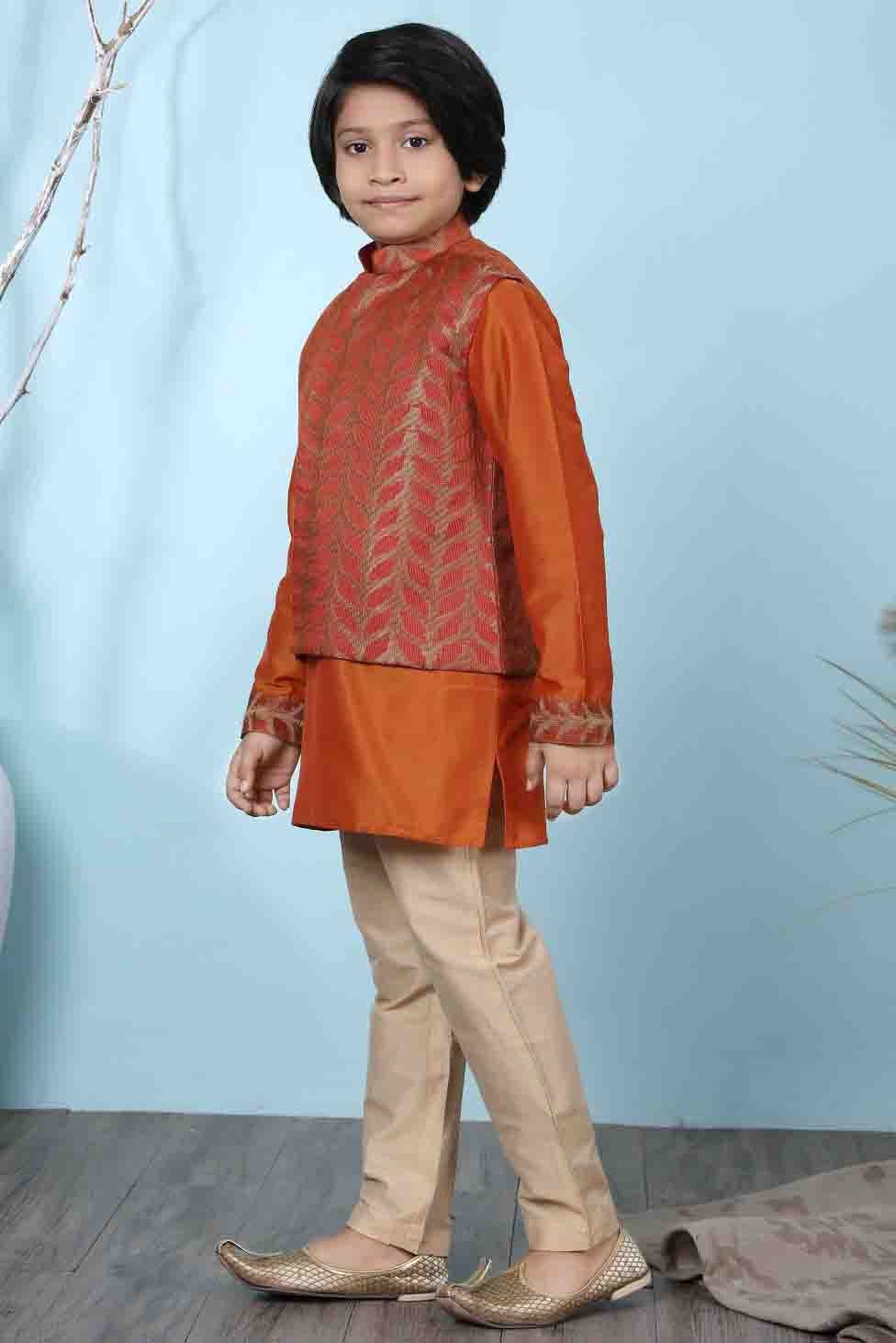 Rust Colour Cotton Silk Kurta Pajama With Jacket BW1070098 A
