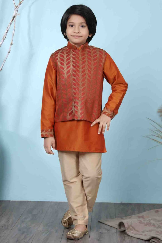 Rust Colour Cotton Silk Kurta Pajama With Jacket BW1070098