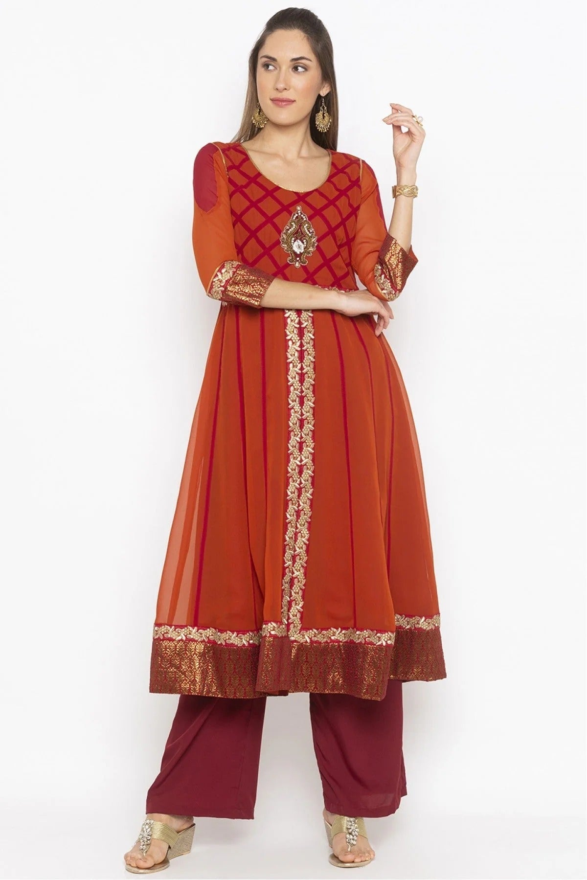 Rust Colour Plus Size Georgette Embroidery Kurta Set KR1070509