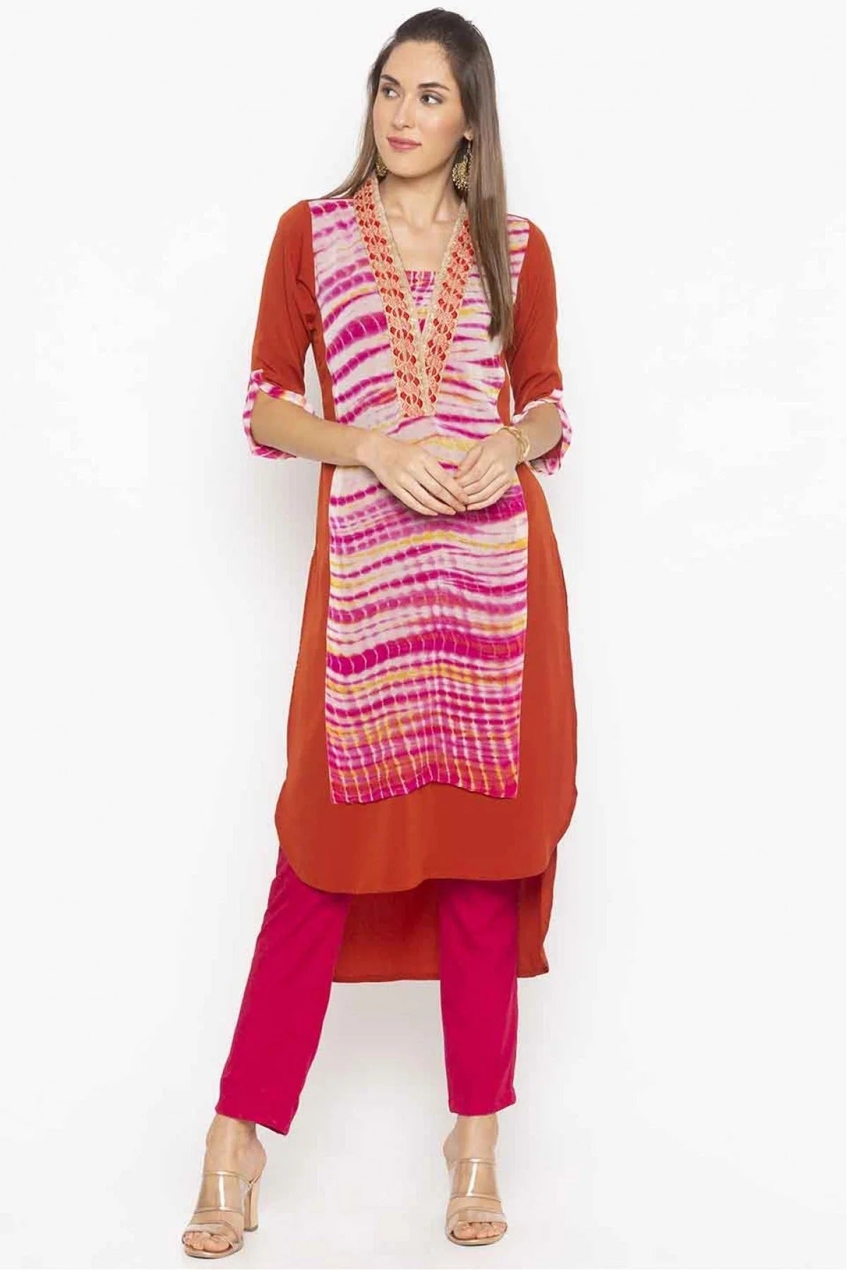 Rust Colour Plus Size Georgette Lace Work Kurti KR1070358