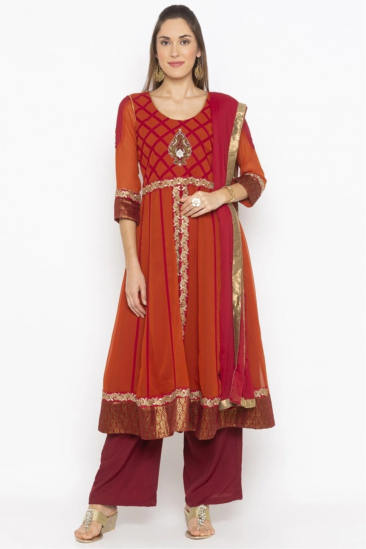 Rust Colour Plus Size Stitched Georgette Embroidery Palazzo Pant Suit BW1070249
