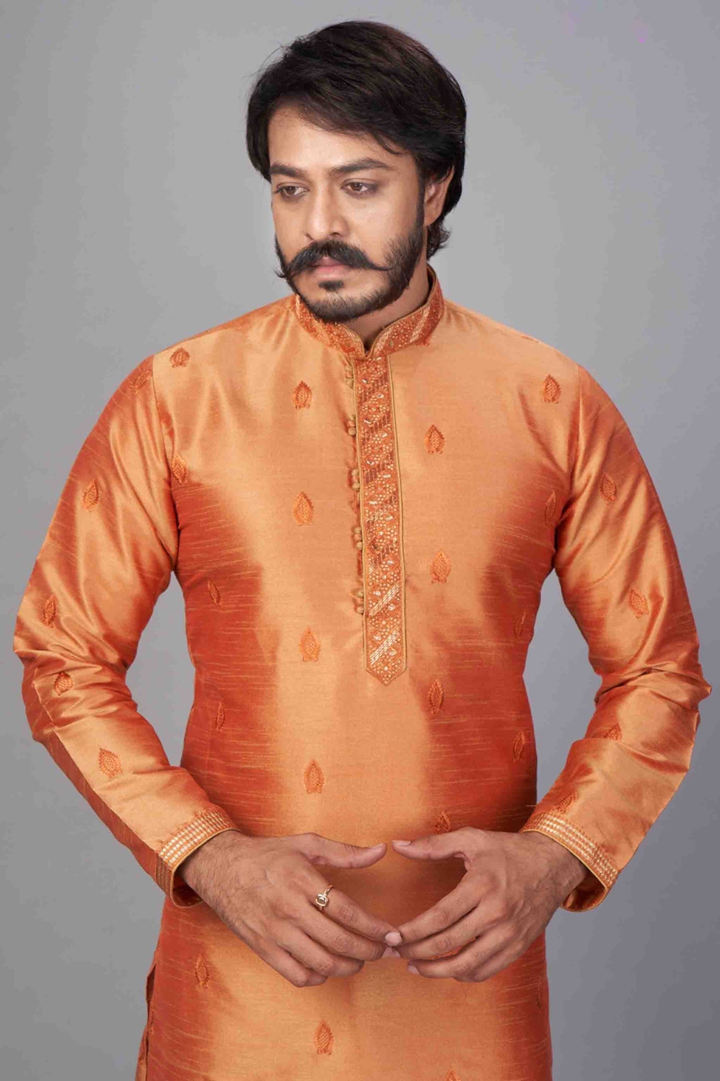 Rust Orange Colour Kurta Pajama In Jacquard Silk KP1210053 A