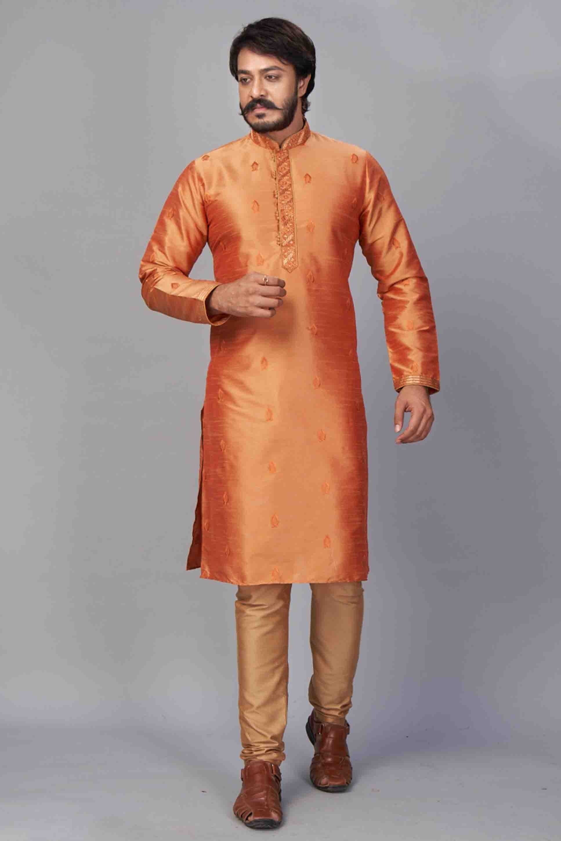 Rust Orange Colour Kurta Pajama In Jacquard Silk KP1210053
