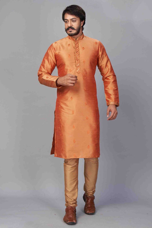Rust Orange Colour Kurta Pajama In Jacquard Silk KP1210053