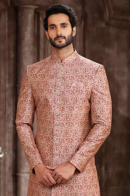 Rust Peach Colour Art Silk Digital Printed Work indo western Sherwani