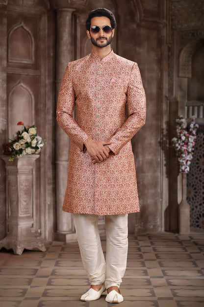 Rust Peach Colour Art Silk Digital Printed Work indo western Sherwani