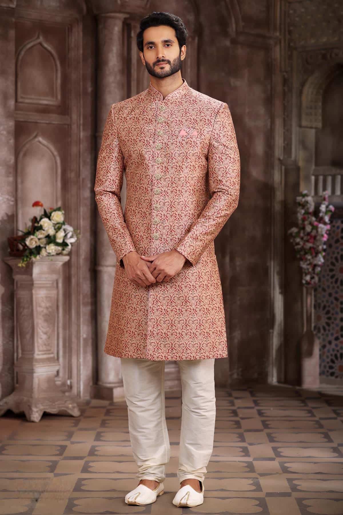 Rust Peach Colour Art Silk Digital Printed Work indo western Sherwani