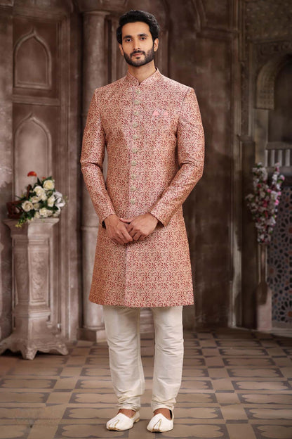Rust Peach Colour Art Silk Digital Printed Work indo western Sherwani