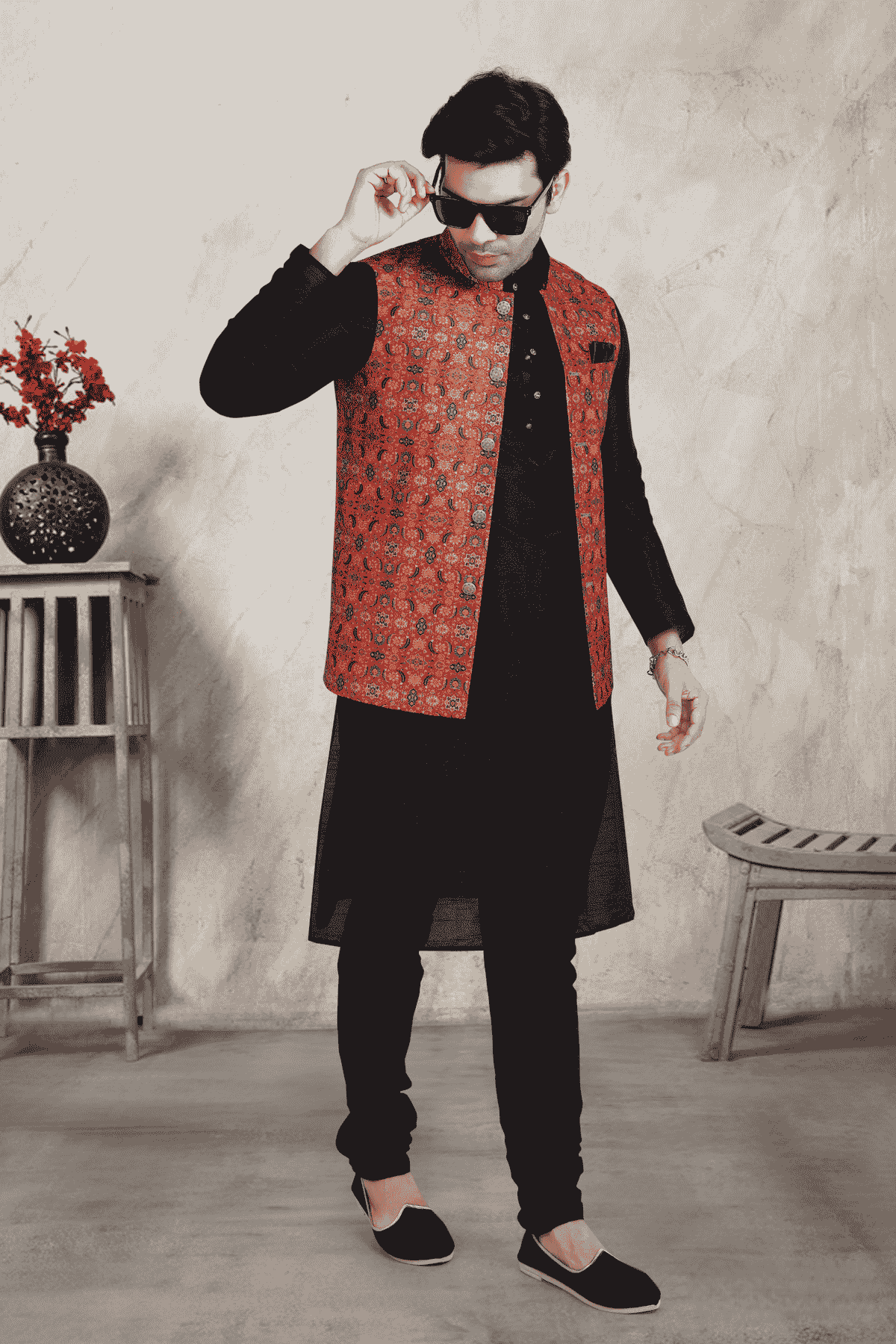 Rust Red Colour Banarasi Silk Digital Printed Kurta Pajama With Jacket