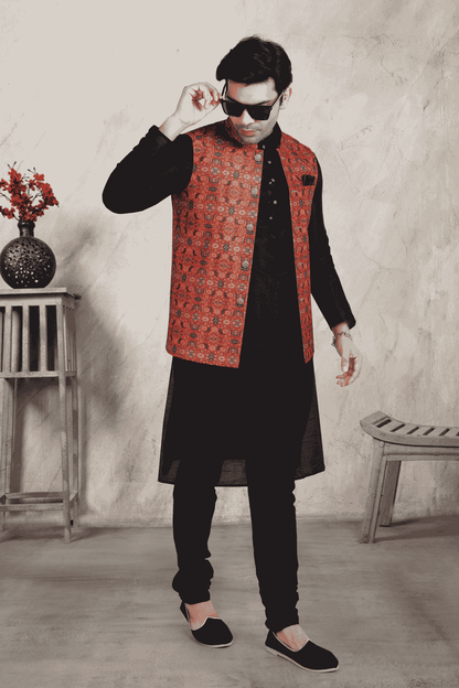 Rust Red Colour Banarasi Silk Digital Printed Kurta Pajama With Jacket