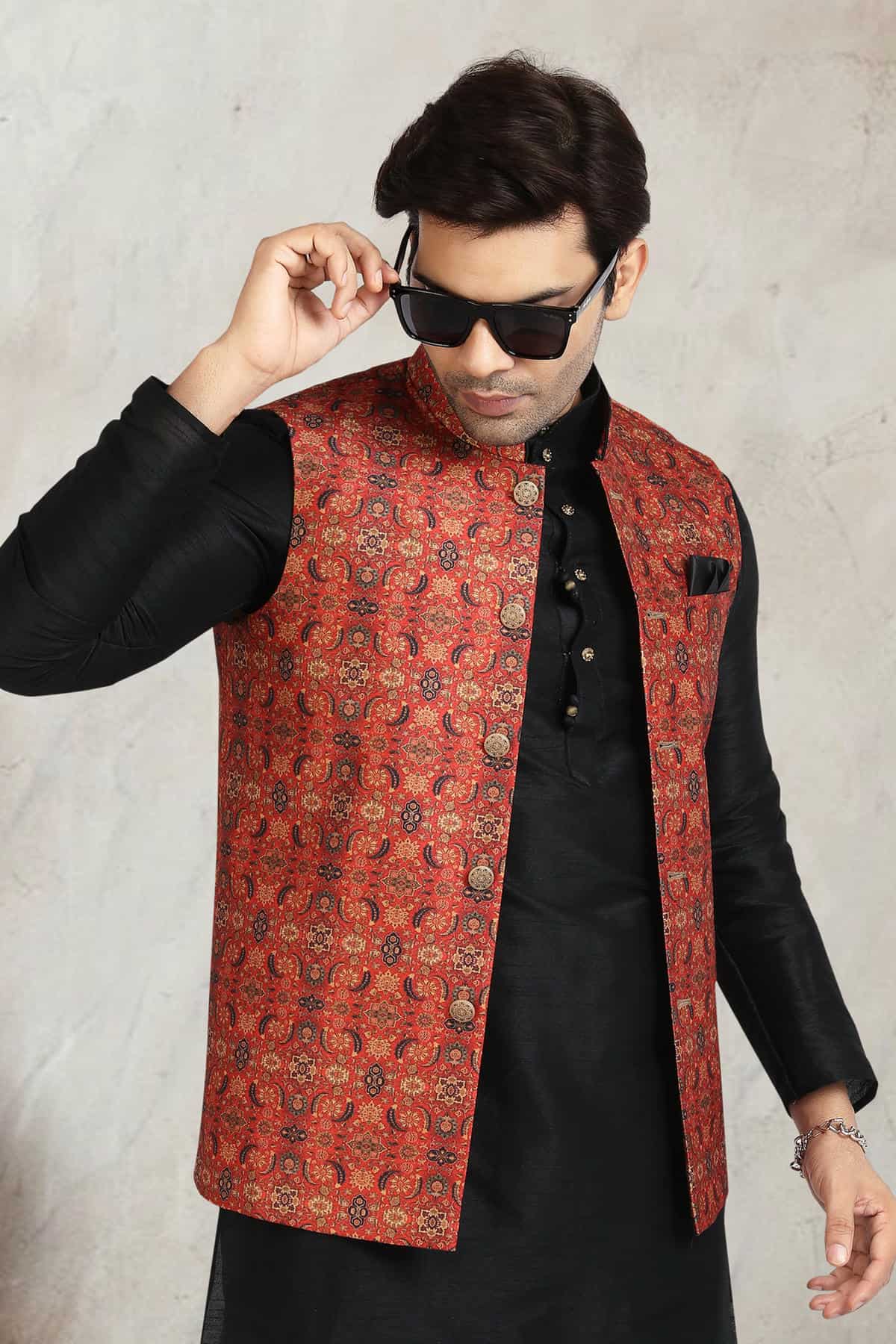 Rust Red Colour Banarasi Silk Digital Printed Kurta Pajama With Jacket