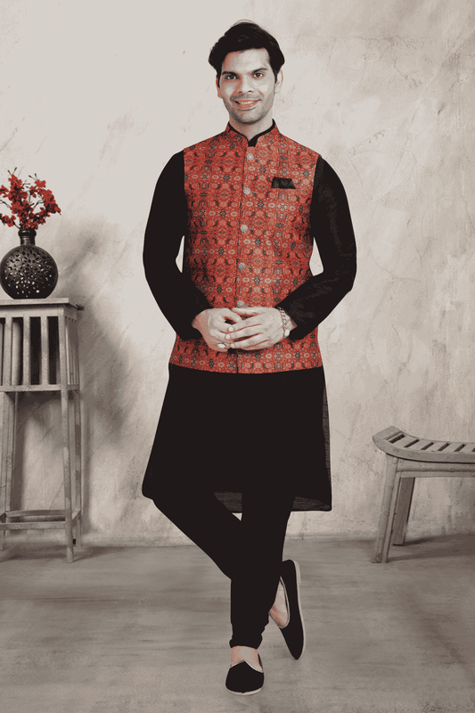 Rust Red Colour Banarasi Silk Digital Printed Kurta Pajama With Jacket