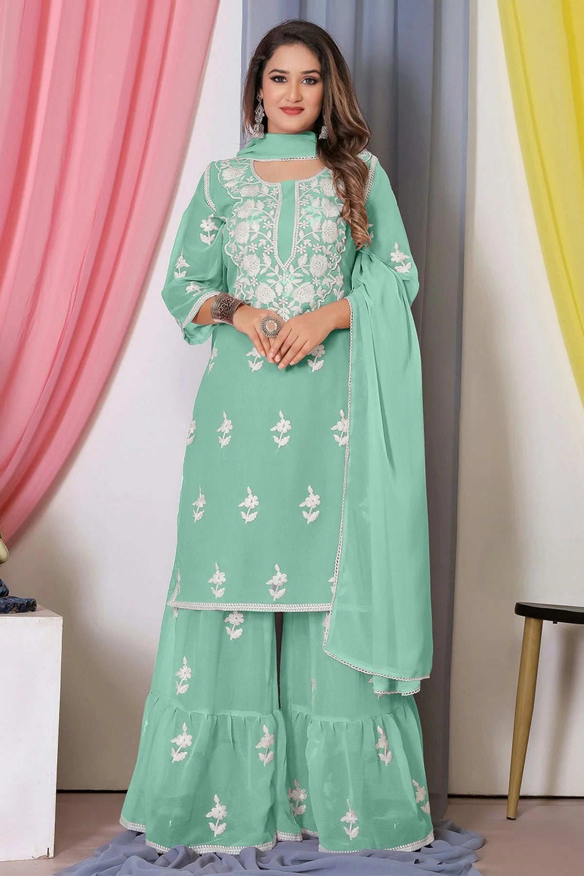 Sea Green Colour Bamber Georgette Sharara Suit SM1110569