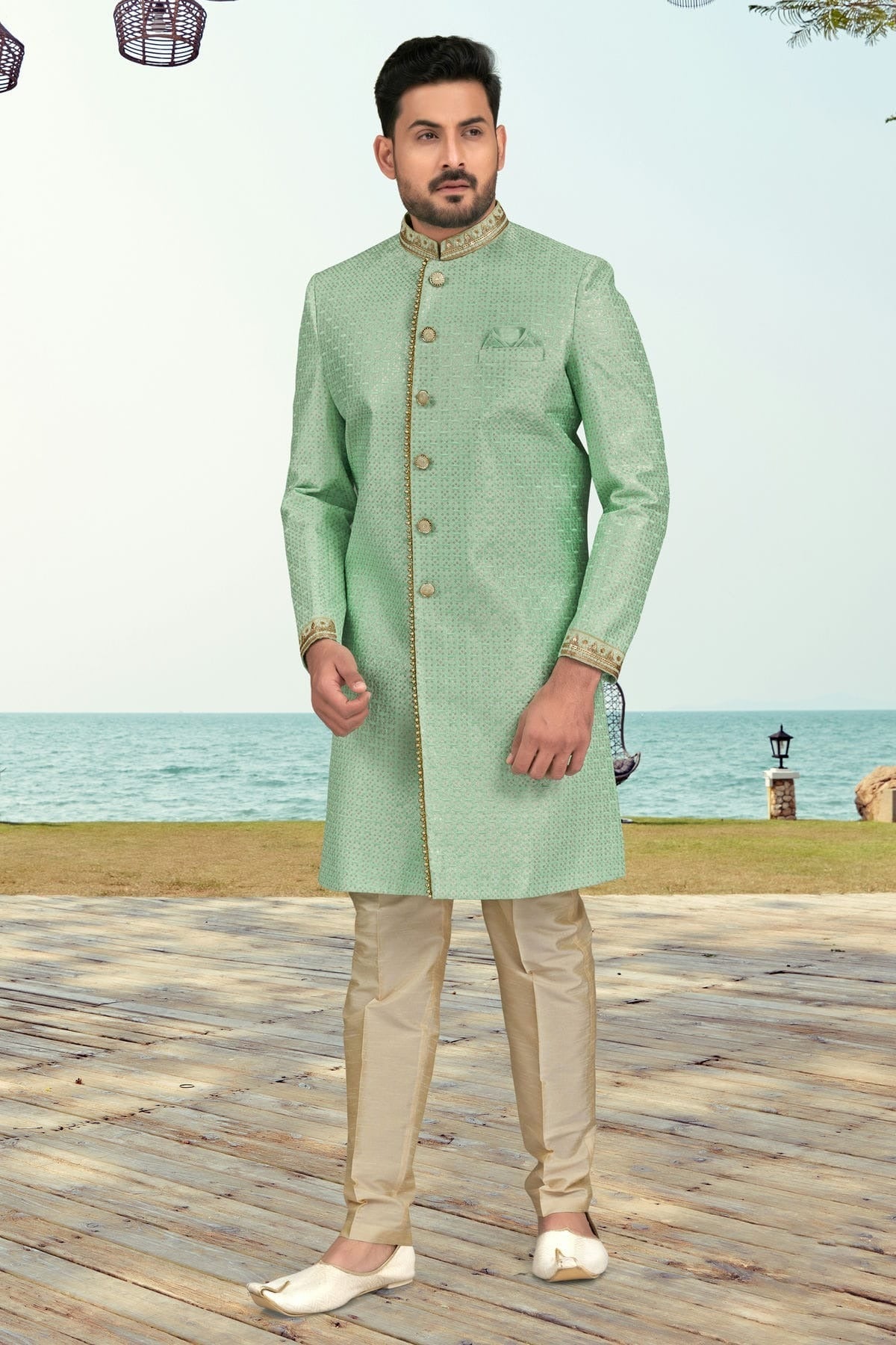 Sea Green Colour Banarasi Silk Indo Western Sherwani SH1040503