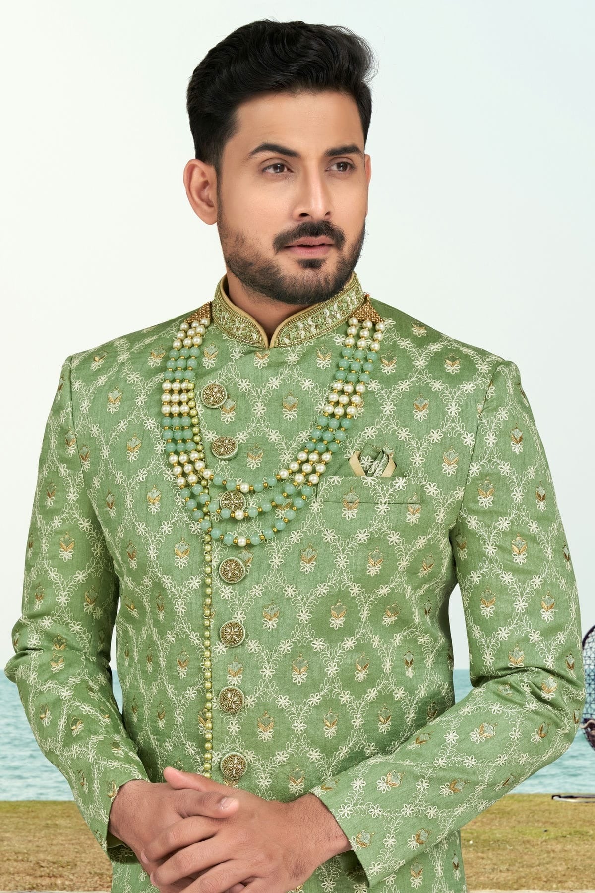 Sea Green Colour Banarasi Silk Indo Western Sherwani SH1040508 A