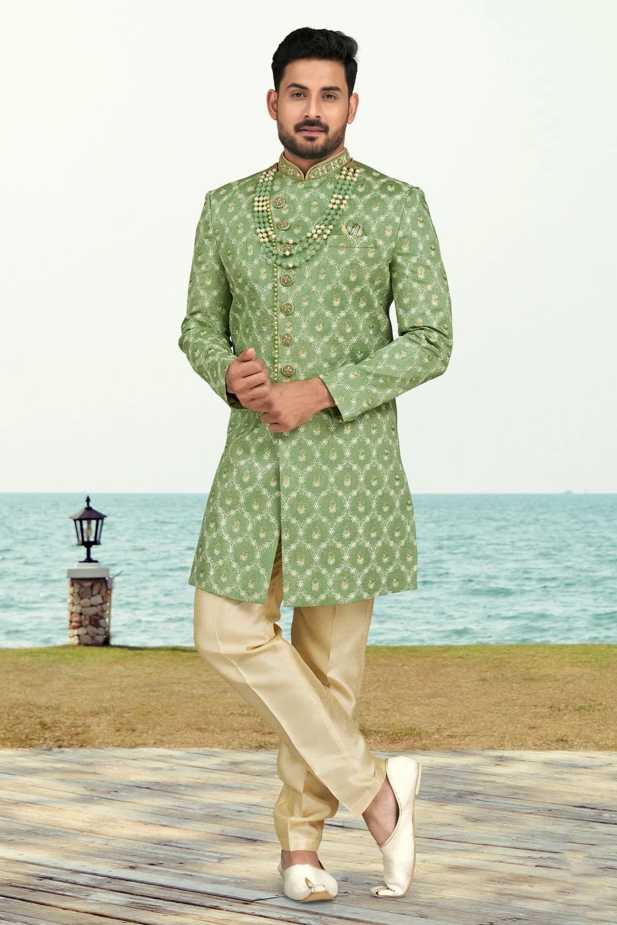 Sea Green Colour Banarasi Silk Indo Western Sherwani SH1040508