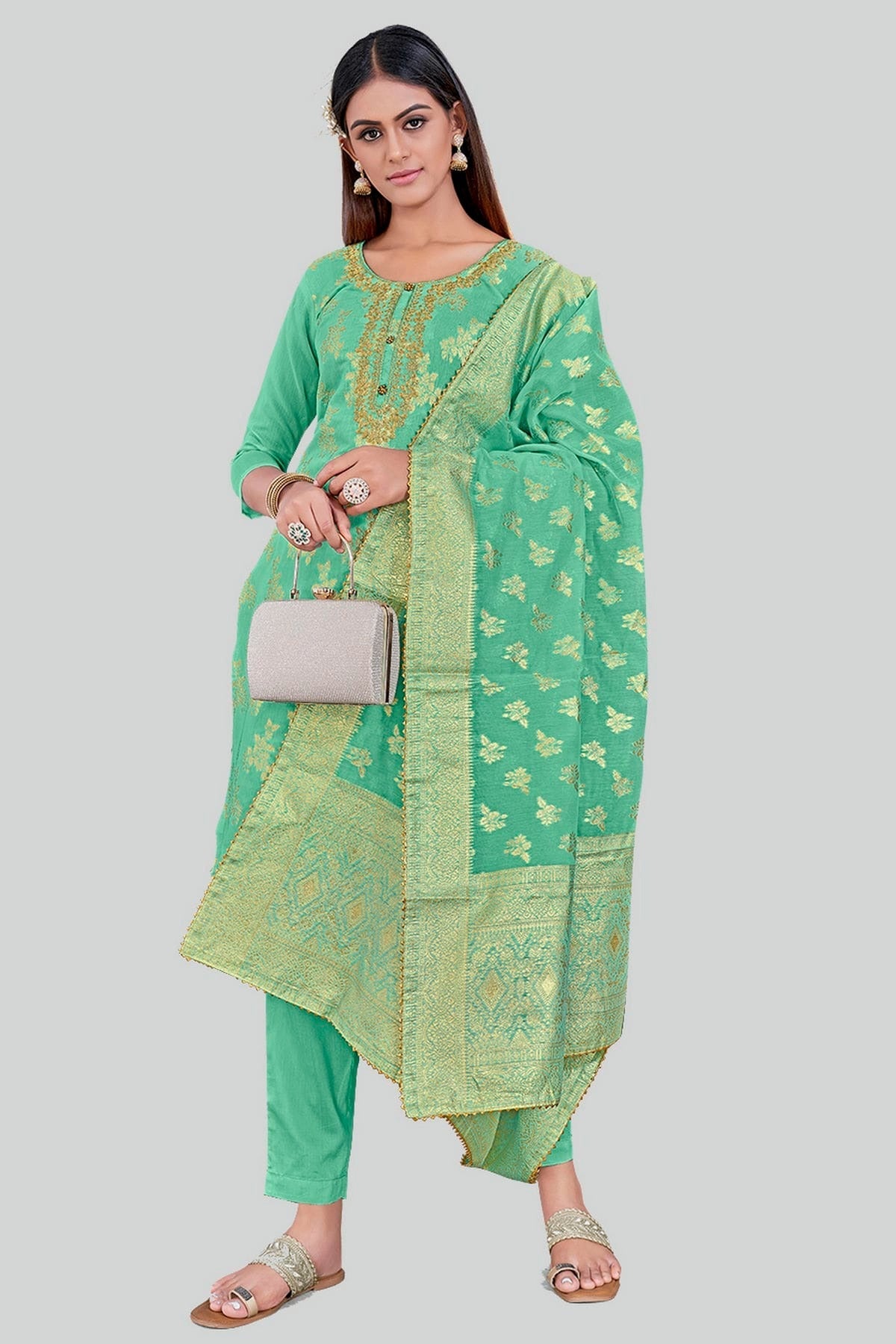 Sea Green Colour Chanderi Silk Pant Style Suit SM1110601